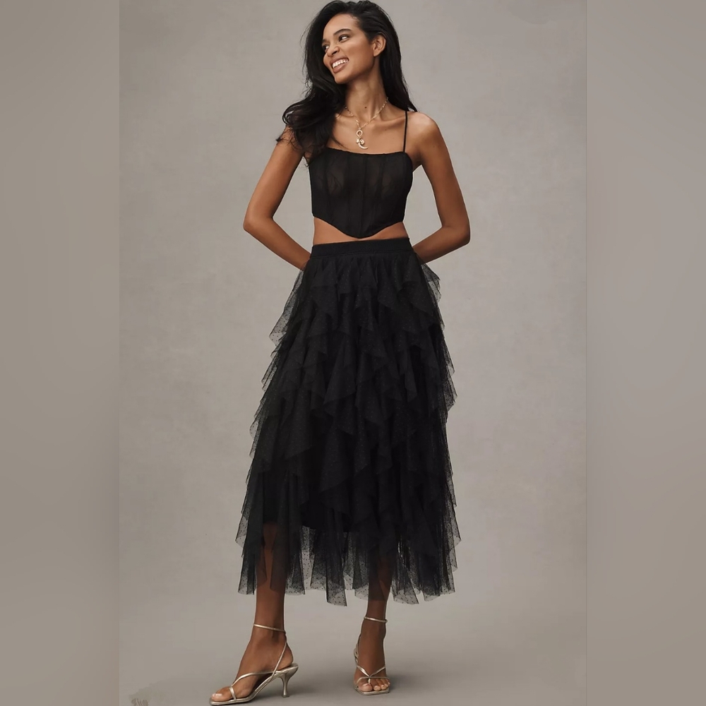 The Chéri Ruffled Tulle Midi Skirt by Anthropologie